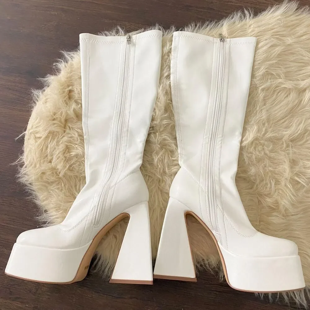Chunky White Faux Leather Platform Knee High Heel Triangle Heels Boots US 7